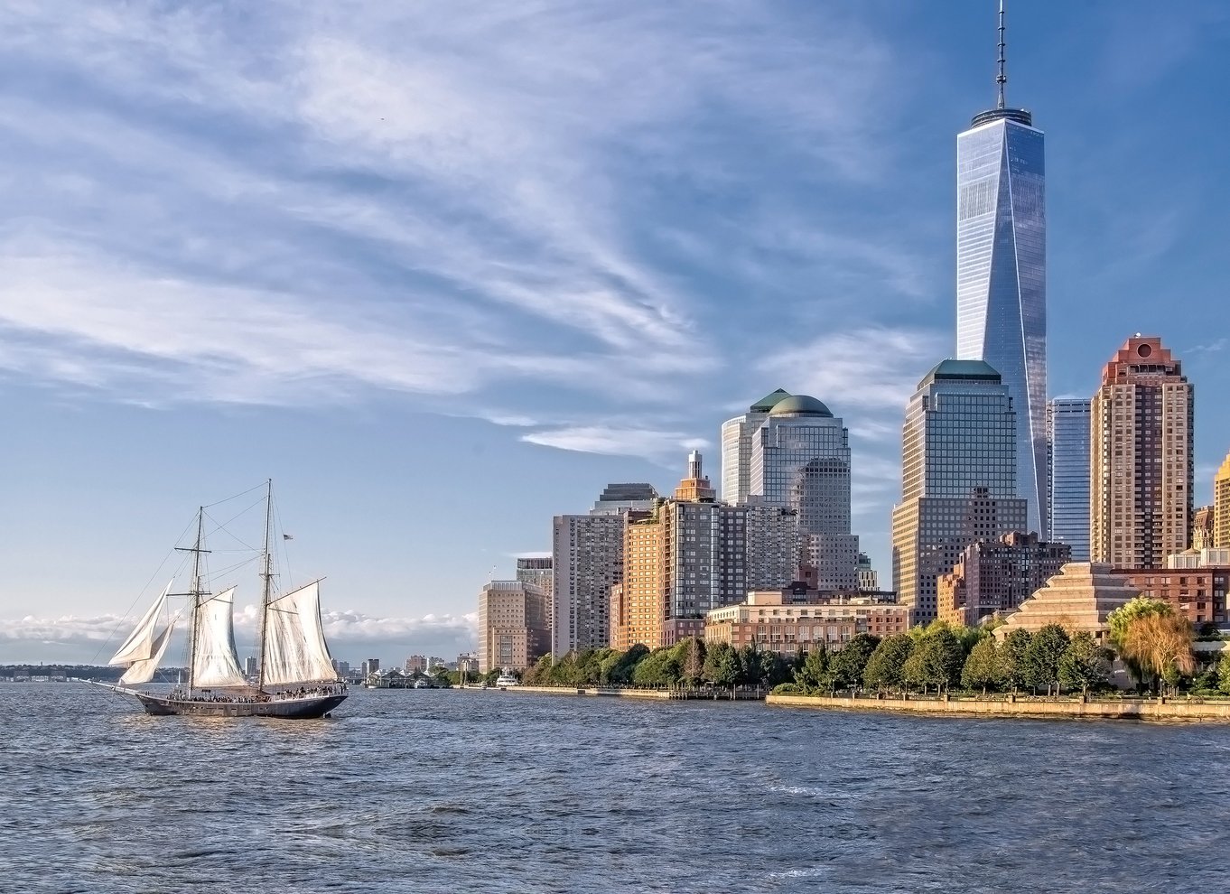 Passengers aboard Clipper City in New York Harbor